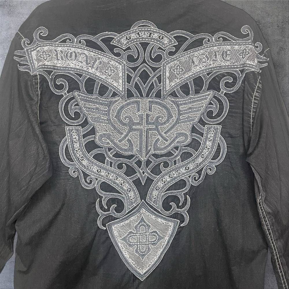 Roar Embroidered Y2K Black Shirt Mens L Contrast Stitching Goth Grunge Rock&Roll